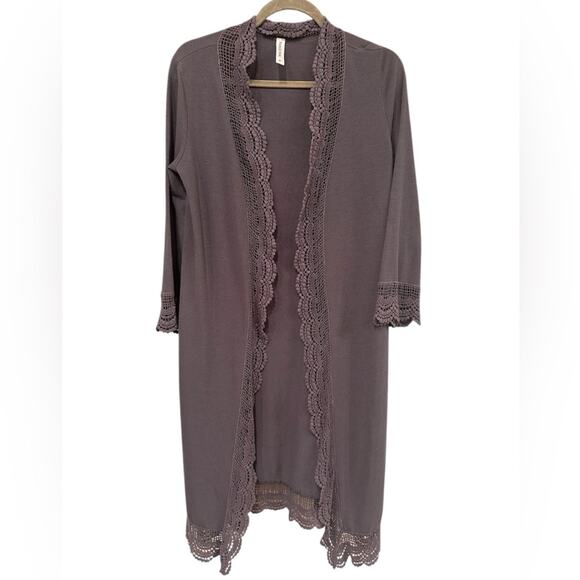 2 for $20! Tickled Teal Charcoal Lace Trim long cardigan - Picture 2 of 6
